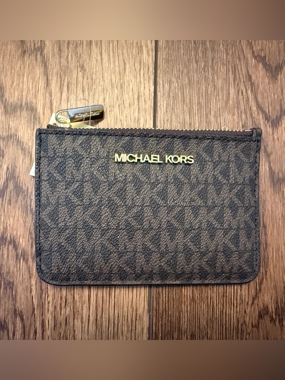 Michael Kors Dark Brown Logo Zip Card Holder with Gold Hardware